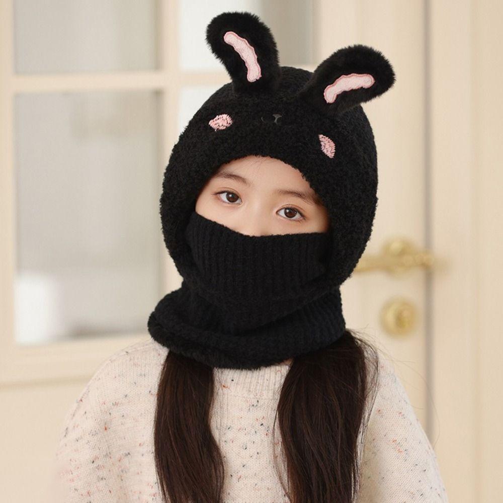 Knitted Beanie Rabbit Ear Winter Hat Plush Face Guard Neck Warmer Pullover Cap  Infant Cap