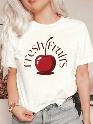 Oversized T Shirt Black Fresh Fruits Cherry Print Graphic Tee Casual Summer Wear