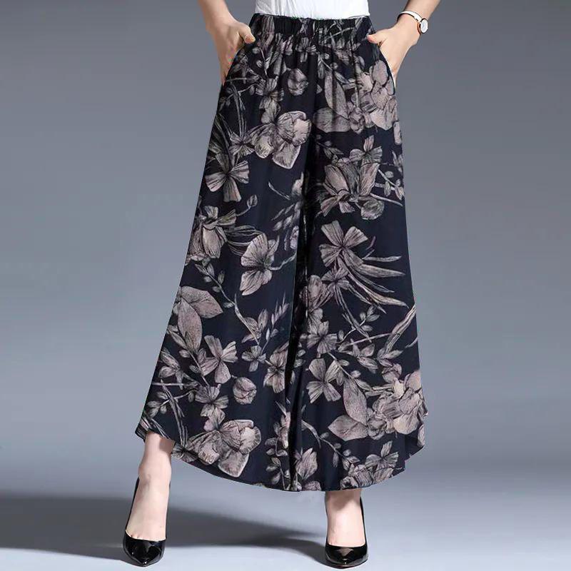 Women's Ice Silk Printed Wide-Leg Skirt Pants - Summer Slimming, Loose, Plus Size, Middle-Aged Fashion