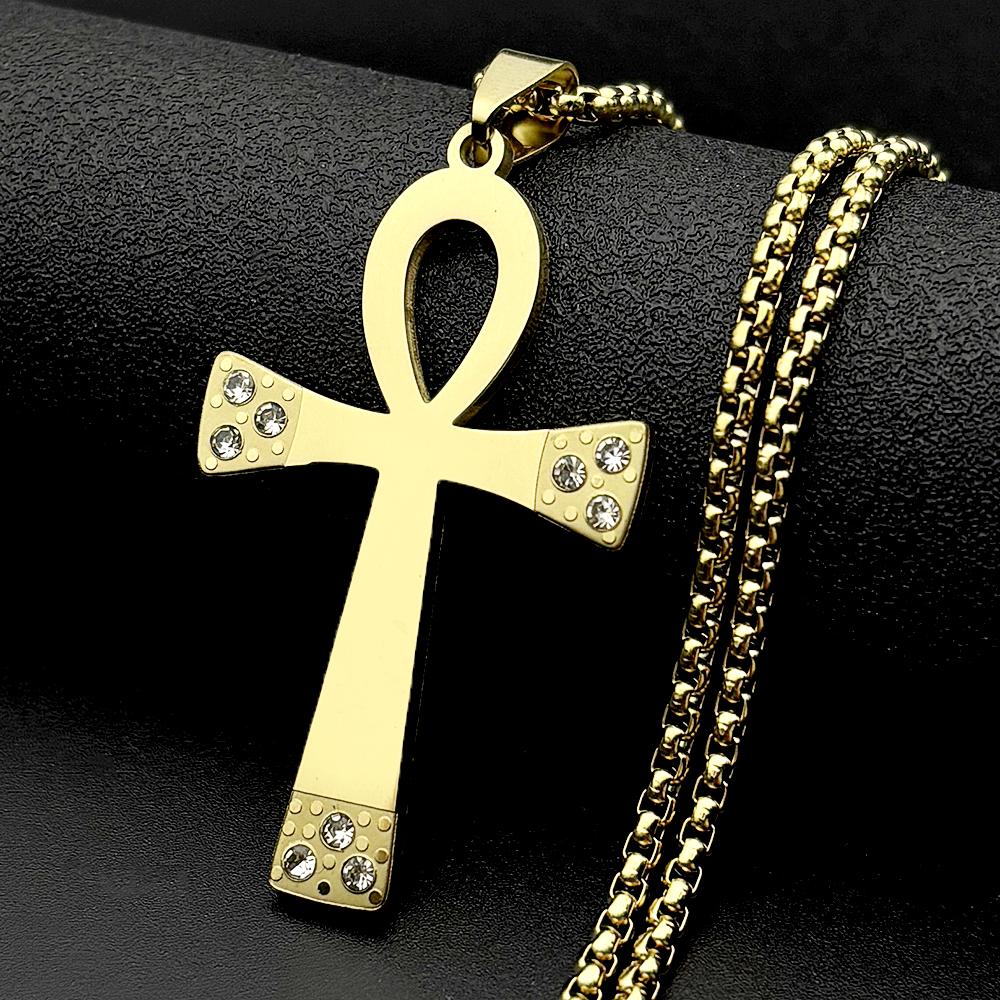 Egyptian Ankh Cross Stainless Steel Pendant Necklace for Women Men Symbol of Life Cross Rhinestones Chain Necklaces Jewelry Gift