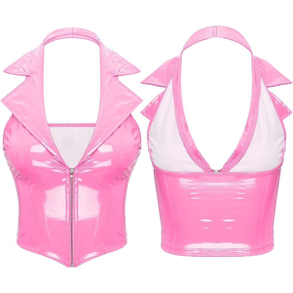 Womens Shiny Patent Leather Vest Halter Lapel Backless Deep V Neck Slim Fit Waistcoat Sexy Nightclub Wear