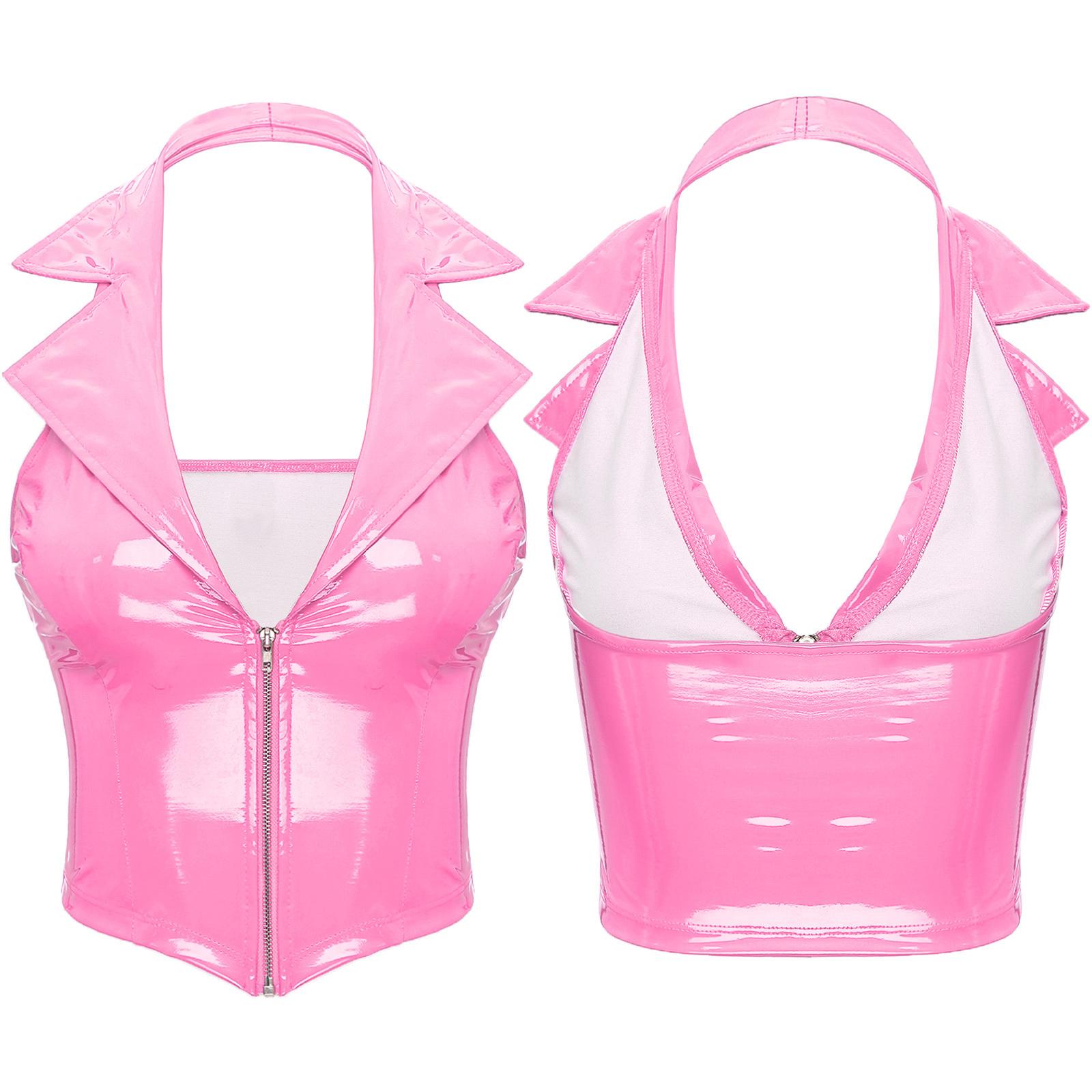 

Женский укороченный топ с мокрым эффектом, кожаный глянцевый корсет, бюстгальтер, короткий жилет без рукавов, клубная одежда, костюм L розовый