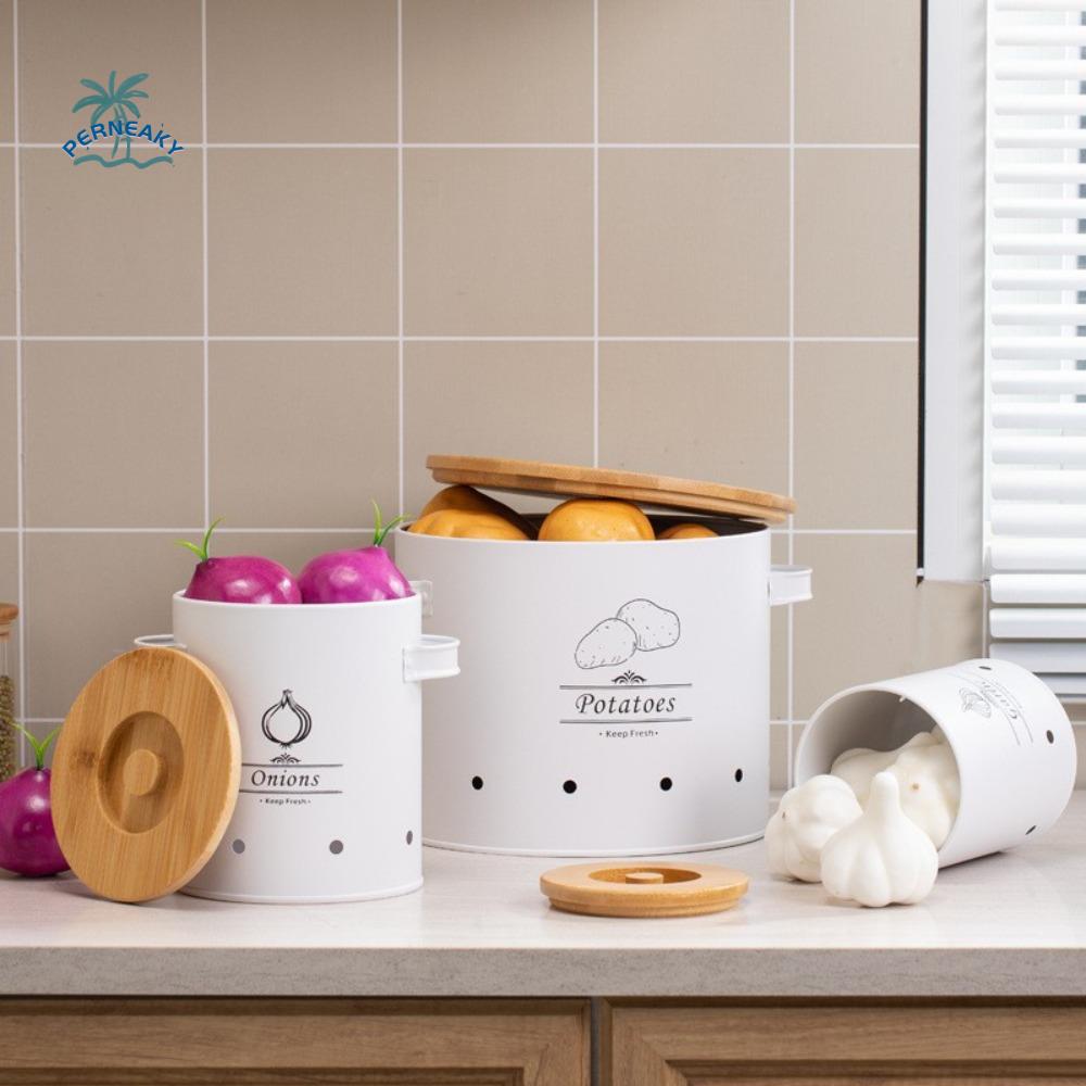 Carbon Steel Potato Onion Garlic Storage Jar with Lid Cylindrical Garlic Storage Bin White Ventilation Holes