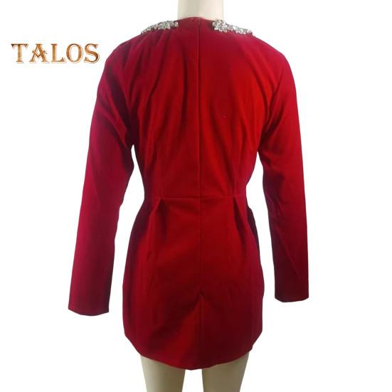 Damenkleid mit Strass-Blumen, quadratischem Ausschnitt, langen Ärmeln, A-Linie, einfarbig, Minikleid über dem Knie, Herbst-Frühlingskleid für Dating-Party