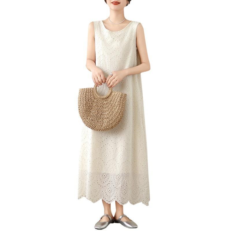 Summer New Large-size Literary Solid Color Hollow Medium and Long Casual Vacation Sleeveless Dress Women