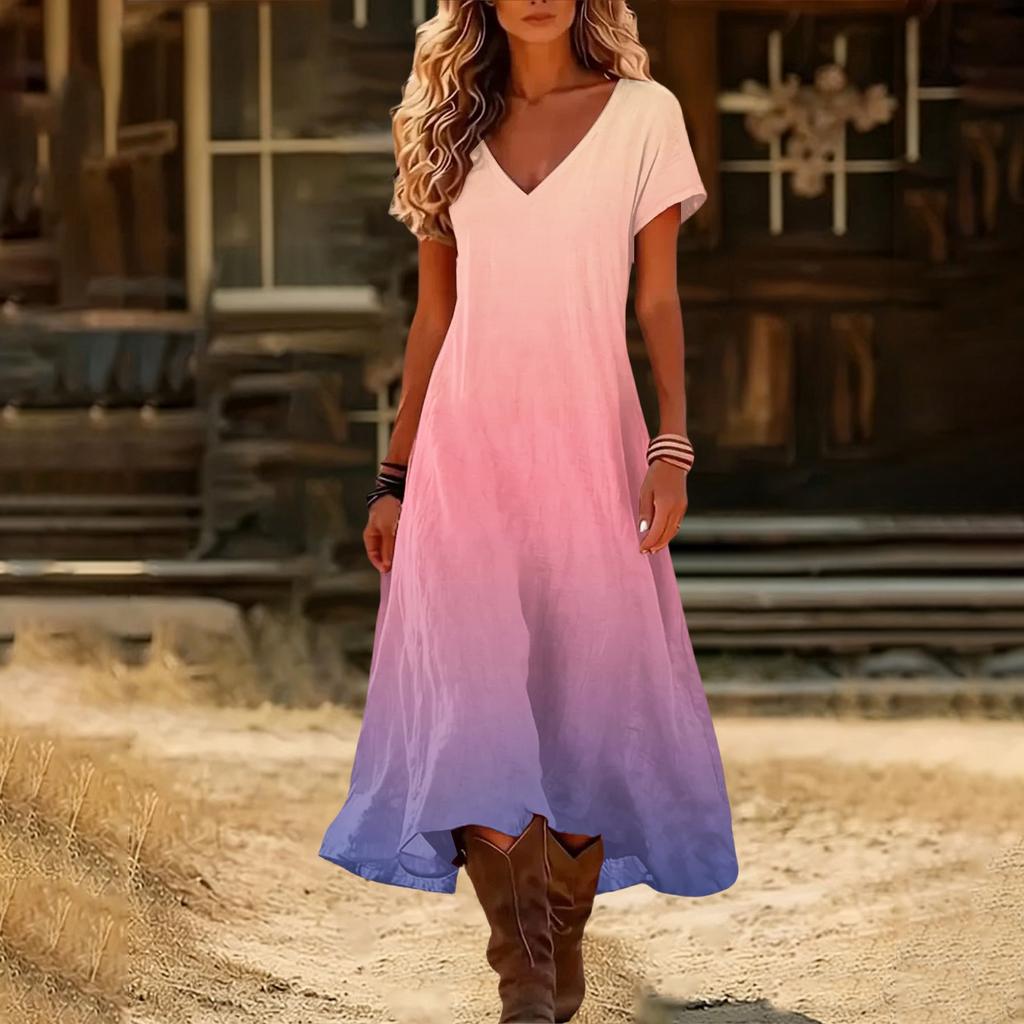 Modisches Damen Sommer V-Ausschnitt Kurzarm Farbverlauf Bedrucktes Strandkleid