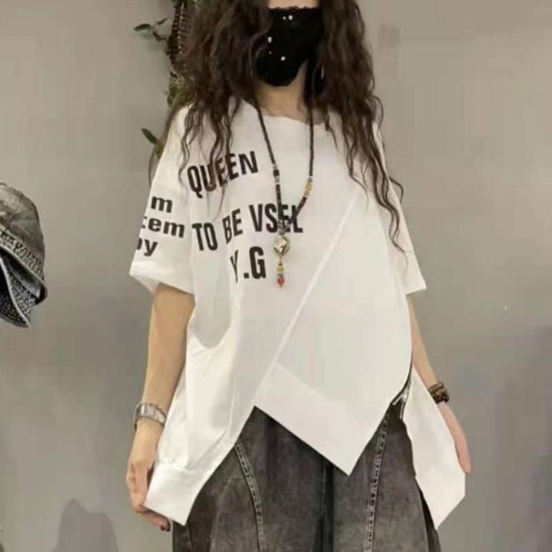 Summer Streetwear Letter Printing Irregular Zipper Tees Ladies Round Neck Loose Casual All-match Pullovers Ladies's T-shirt