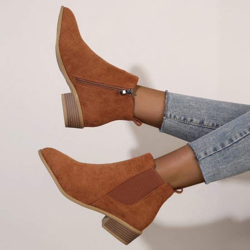 Women's Natural Suede Elastic Patch Low Heel Shoes Autumn and Winter Ankle Boots Square Toe Casual Short Boots Size 36-43