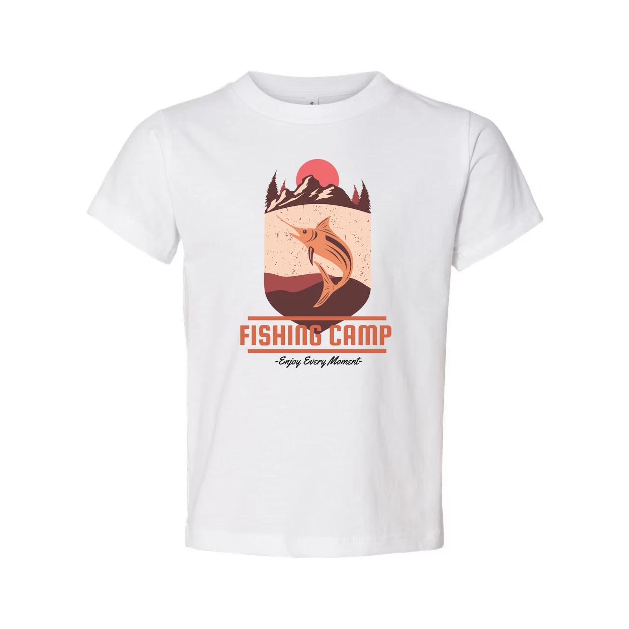 

Fishing Camp Graphic T Shirt With Mountain Sunset And Leaping Fish Design For Ou S