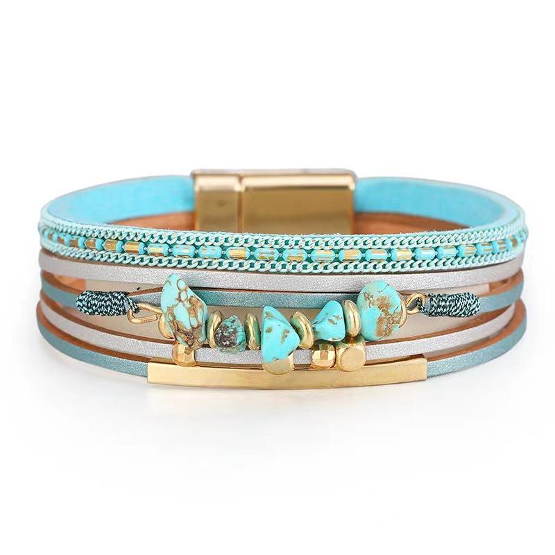 Bracciale Wrap Multi Strato Geometrico Turchese con Perline Stile Bohémien Chiusura Magnetica Regolabile su Filo di Cuoio Gioielli per Donna