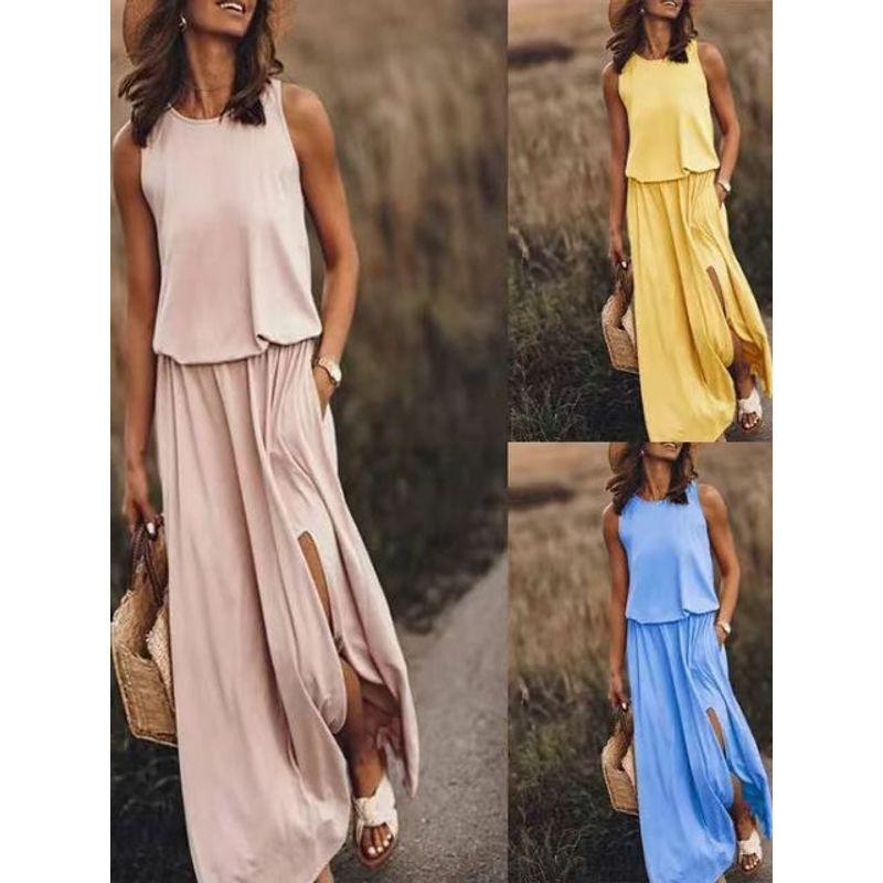 round-Neck Sleeveless Split Dress Loose Solid Color Round Neck Sleeveless Fork Dress