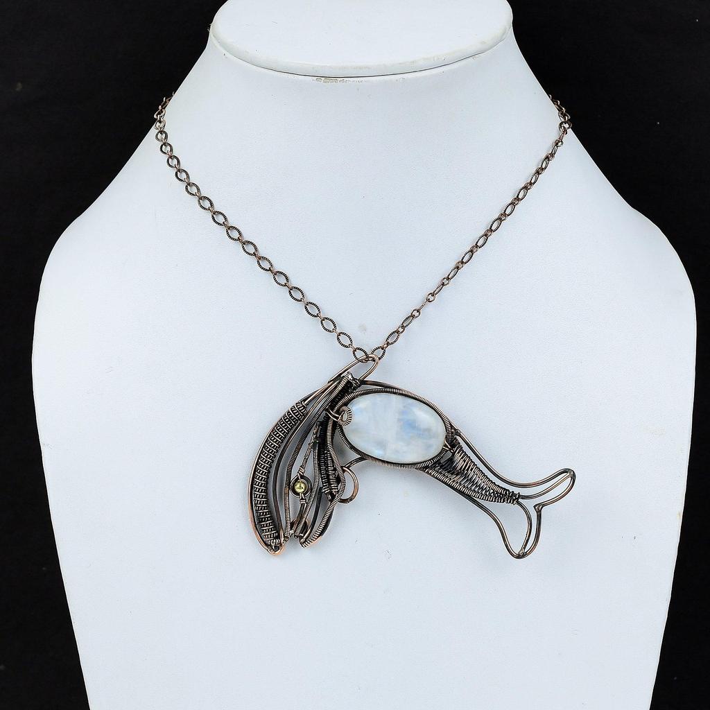 Rainbow Moonstone Pendant Copper Wire Wrapped Gemstone Pendant Fish Jewelry Handmade Pendant Unique Pendant Gift For Her Copper Wire Jewelry