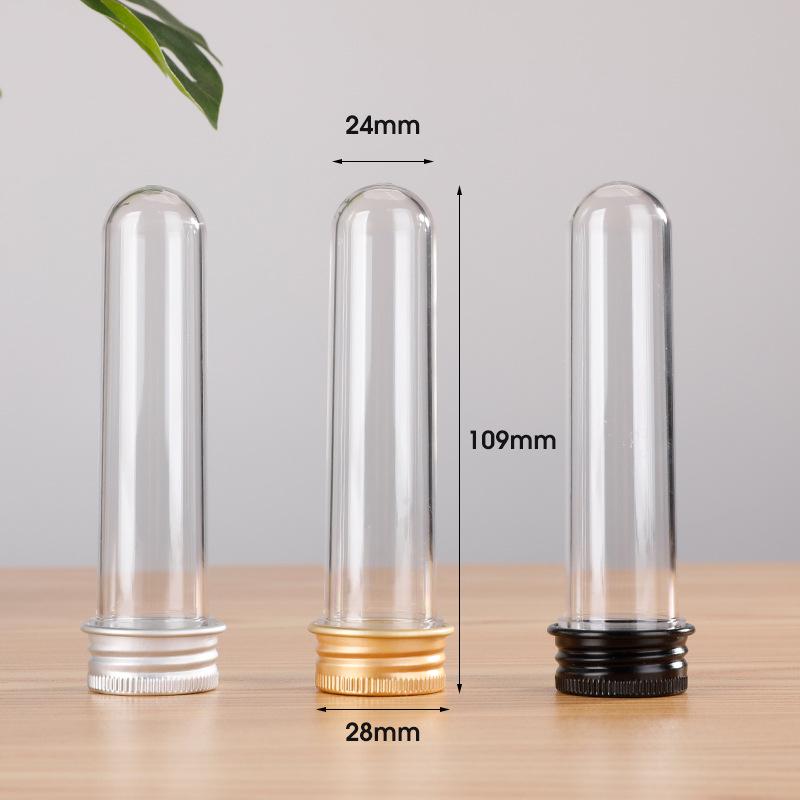 

30ML Transparent PET Plastic Cylindrical Tube with Silver Screw Cap for Mask or Bath Salt. Gold Cap