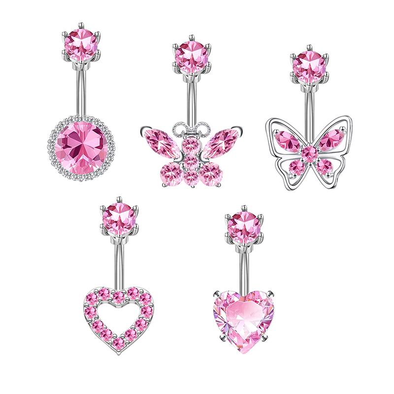 Fashion Pink Heart Butterfly Belly Button Ring For Women Girls Cute Stainless Steel Zircon Navel Ring Body Piercing Jewelry Gift