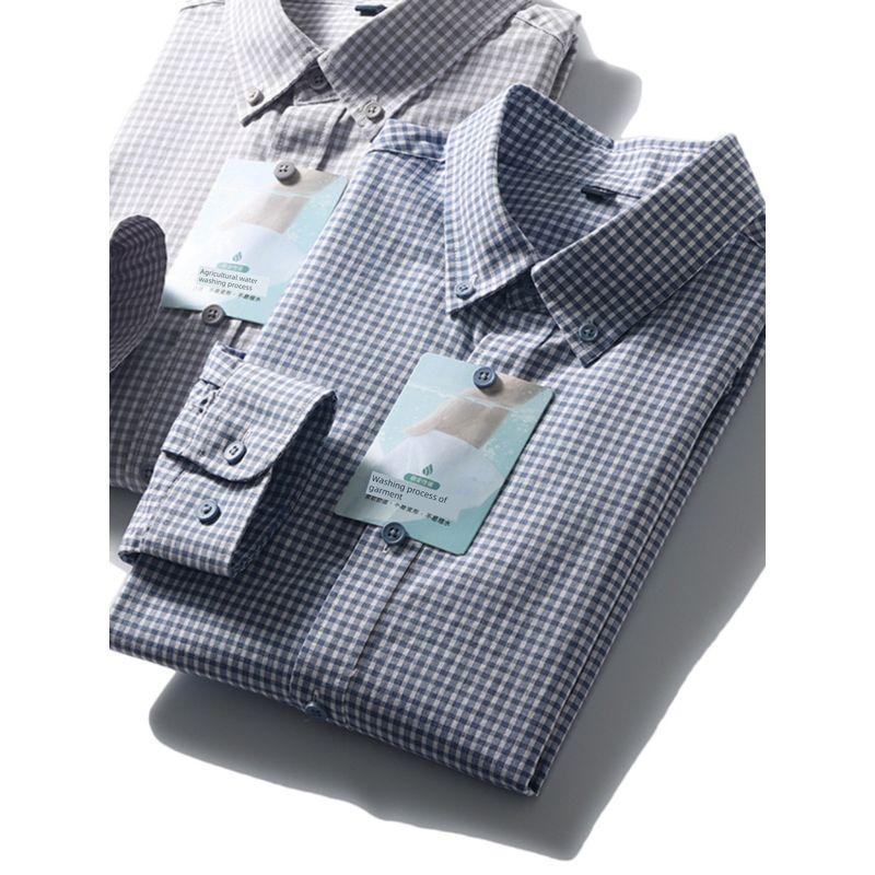 Japanese-Style Retro Pure Cotton Blue Small Plaid Shirt Men's Spring & Fall Long Sleeve Inner Wear Export Cattle Goods Cotton Non-Ironing Shirt