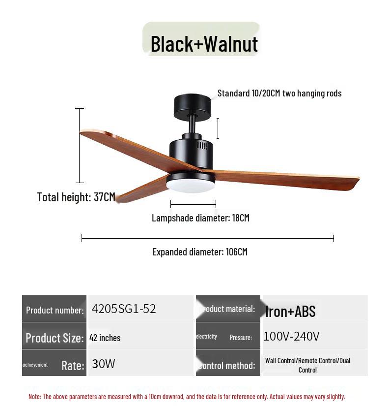 

Nordic-Style Solid Wood Ceiling Fan Light with Smart Frequency Control - Silent Retro Design for Living Rooms and Restaurants 52-inch Black + Walnut