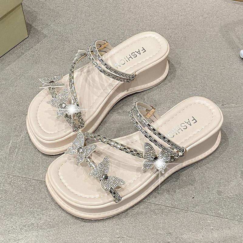 Rhinestone Bow Thick-bottomed Cool Slippers Women's 2025 Summer New Outer Wear Fashionable Versatile Slope Heel Muffin One-word Drag