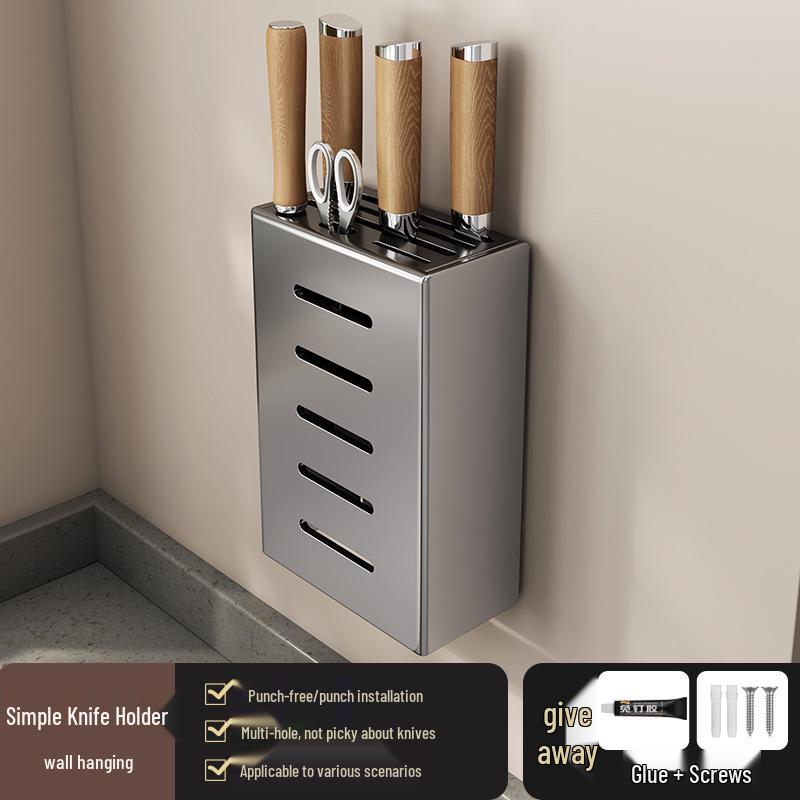 No-Drill Wall-Mounted Kitchen Storage Rack: Multifunctional Holder for Knives, Chopsticks, Pot Lids, and Seasoning Condiments
