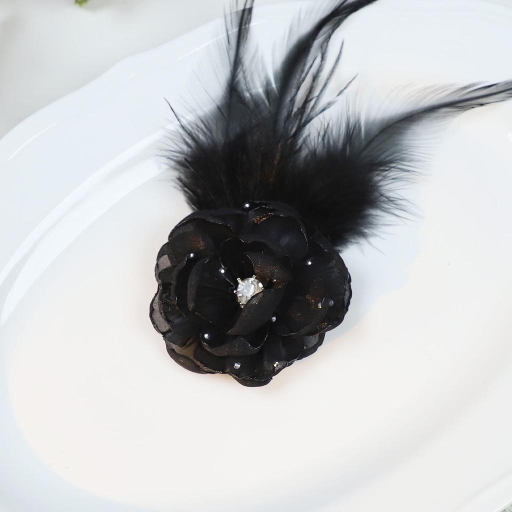 Vintage French Organza Flower Brooch with Ostrich Feathers and Rhinestones - High-Grade Garment and Shoe Ornament.