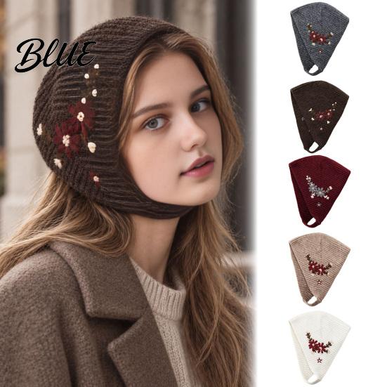 Windproof Warm Headwear Embroidered Knitted Headband Cap Vintage Soft Woolen Ear Versatile Street Photography Hat Warmer Floral Headwrap for