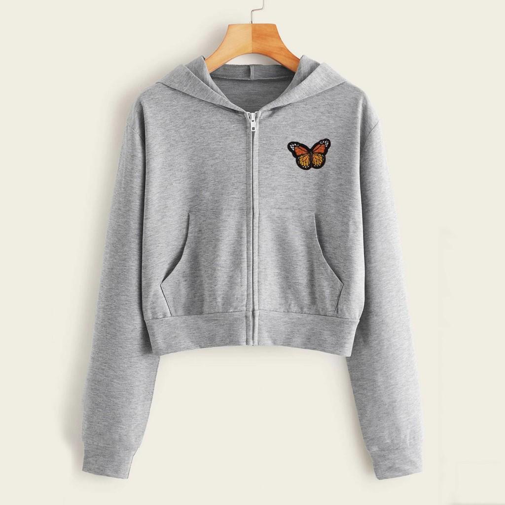 Women Embroidery Butterfly Long Sleeve Zipper Pocket Shirt Hooded Sweatshirt Top