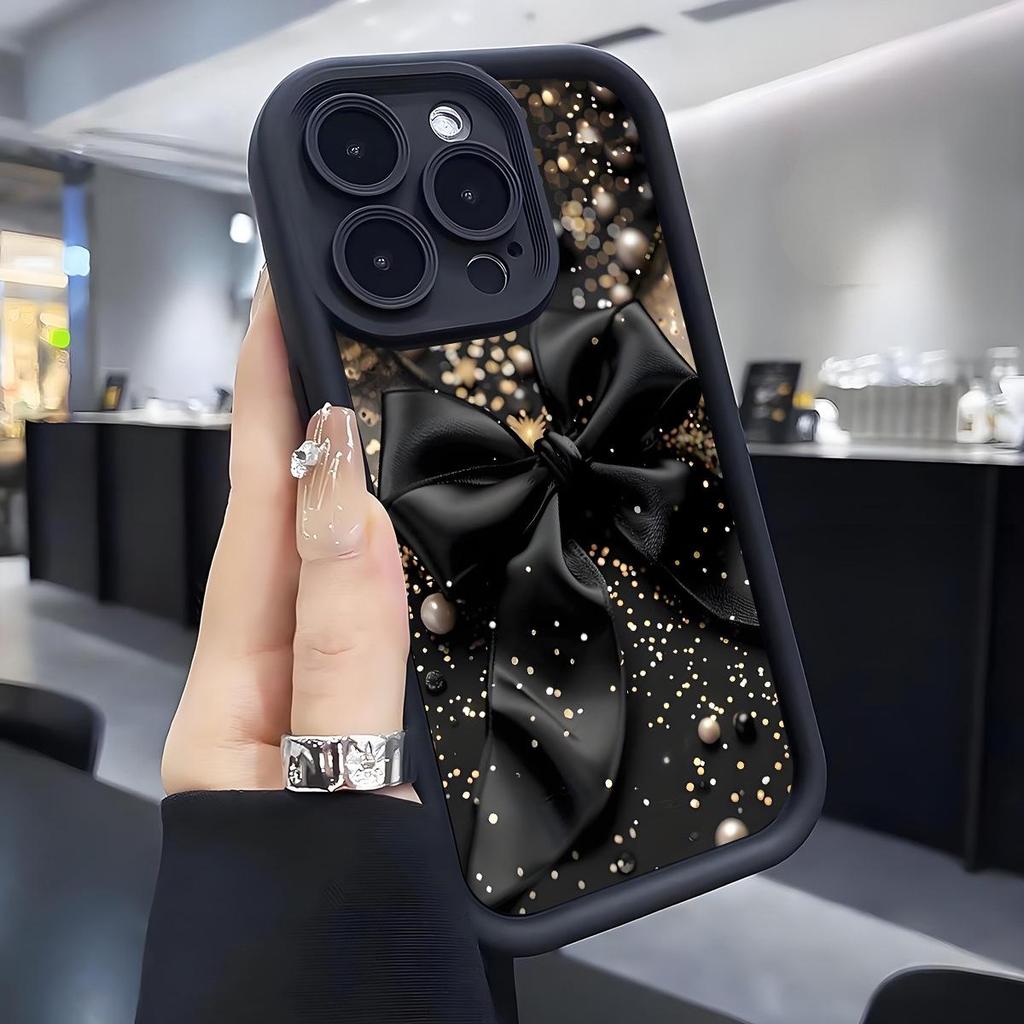 Black Bow Diamond Sand iPhone 15/16/17 Pro Max Case with Staircase Eye Groove