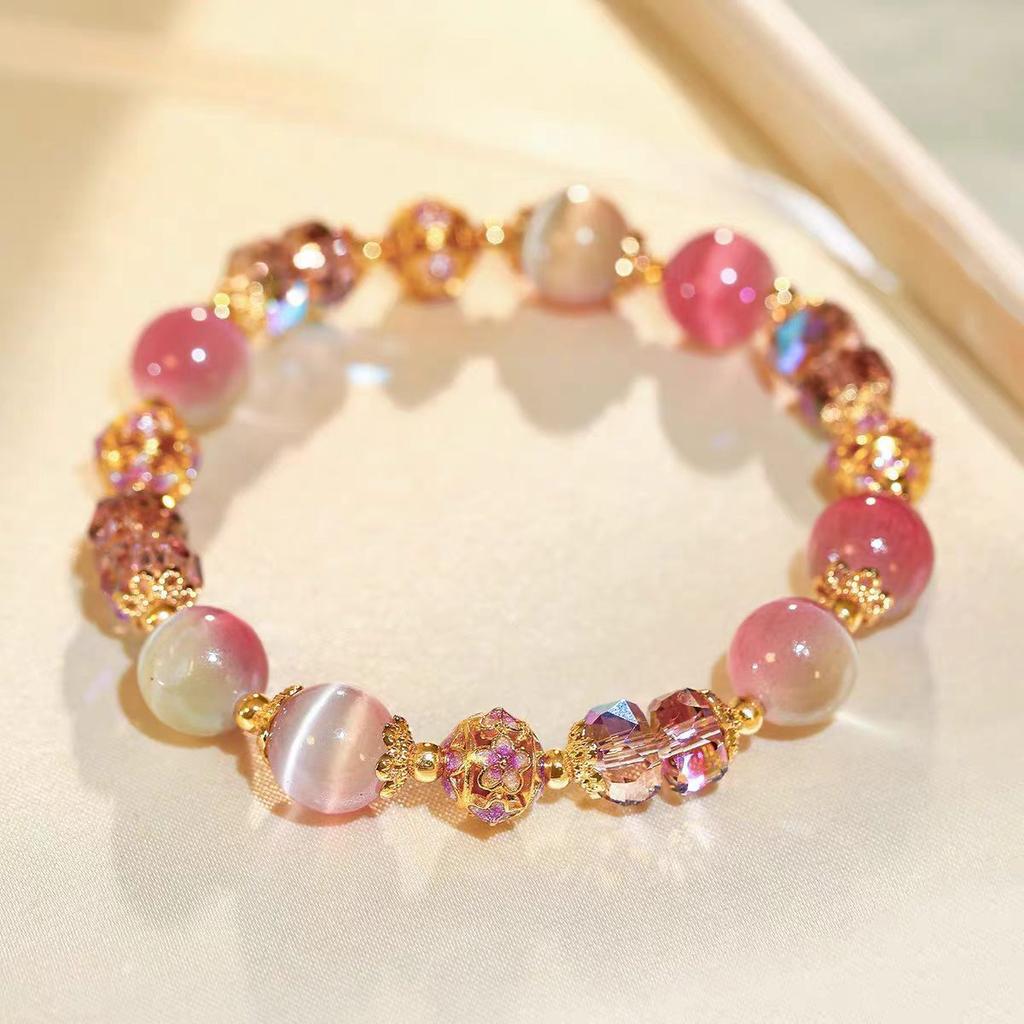 [Pink Crystal Streamer] Clear Pink Beaded Bracelet Women's Niche Exquisite Sweet Fashion High-end Versatile Jewelry
