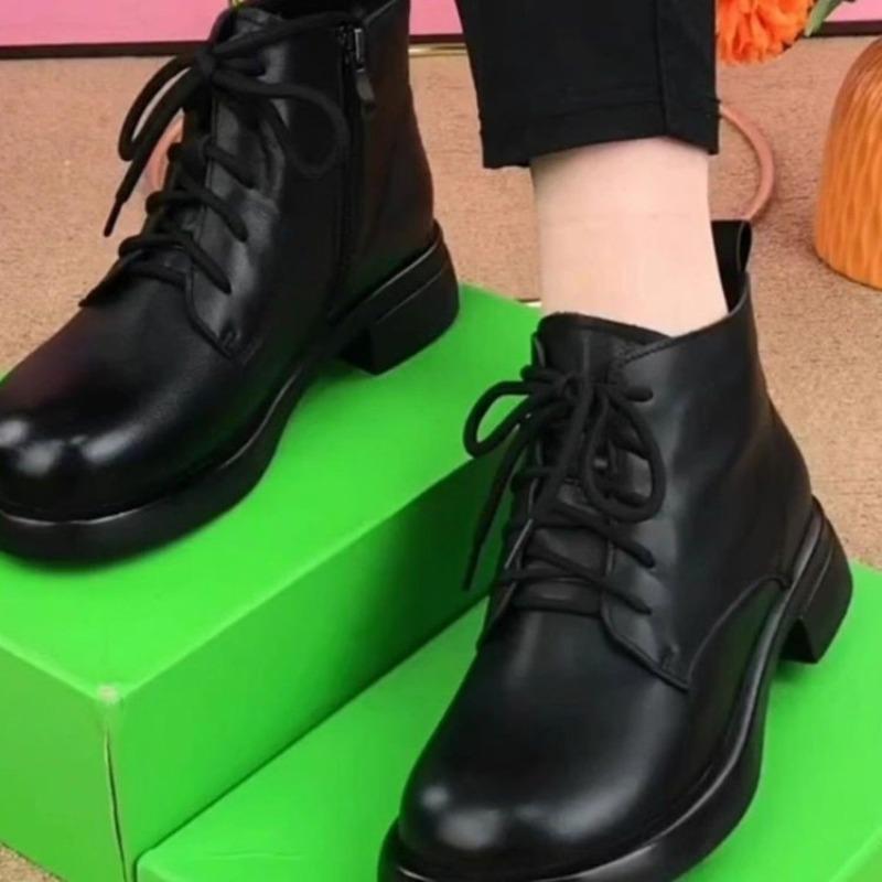 Round Head Soft Sole Martin Leather Boots Women's Cotton Boots Autumn and Winter New Velvet Warm Medium Flat Bottom Fashion Short Boots