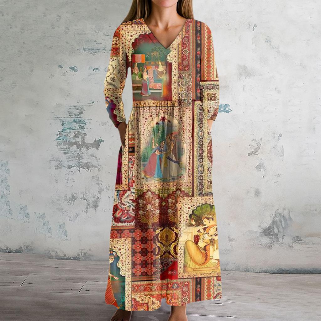Women's Fashion Dress Spring V-neck Long Sleeve Dress