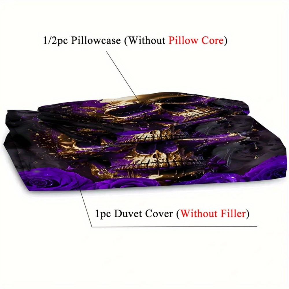 2/3Pcs Purple Rose Skull Pattern Breathable Duvet Cover Set (1 Duvet Cover + 1/2 Pillowcase Without Core) Soft Bedding Set
