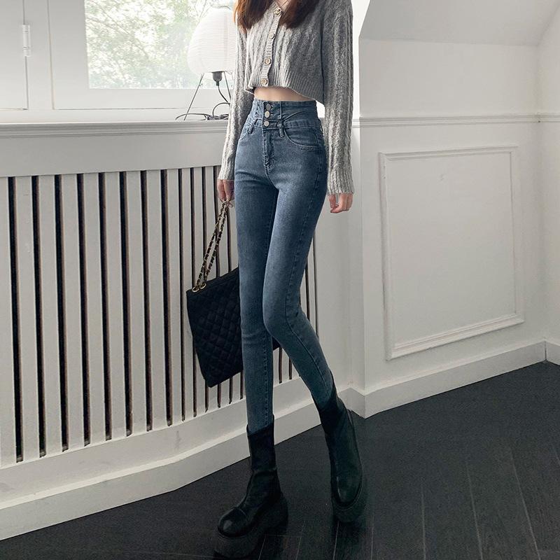 Super high-waisted jeans women's three-button belly nine-point autumn and winter elastic, slim and thin, small feet, pencil pants