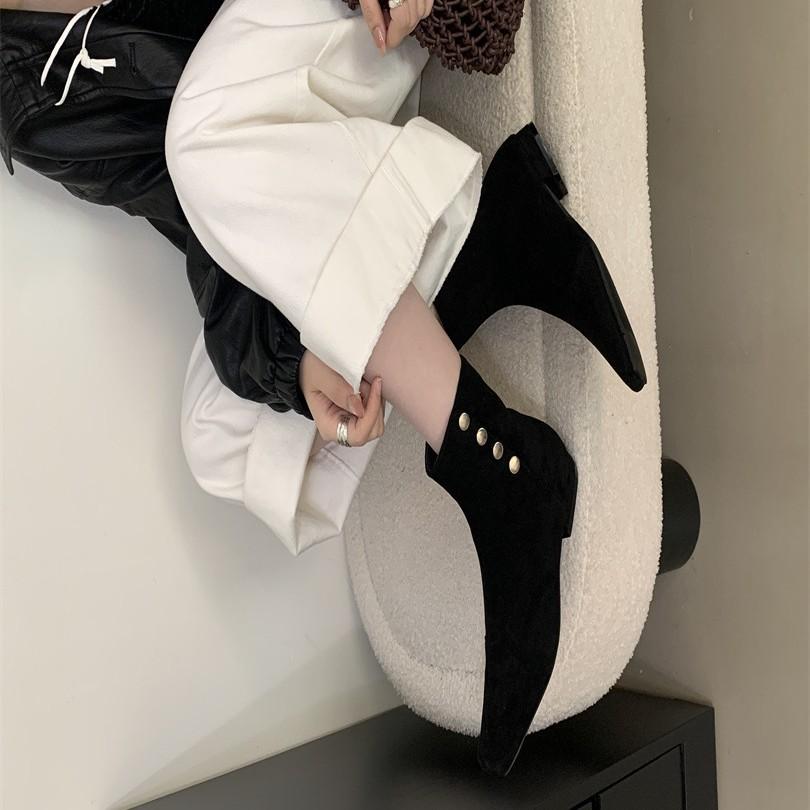 Women's shoes real shot suede square head side zipper thick heel small short boots elastic boots Martin boots thin boots comfortable