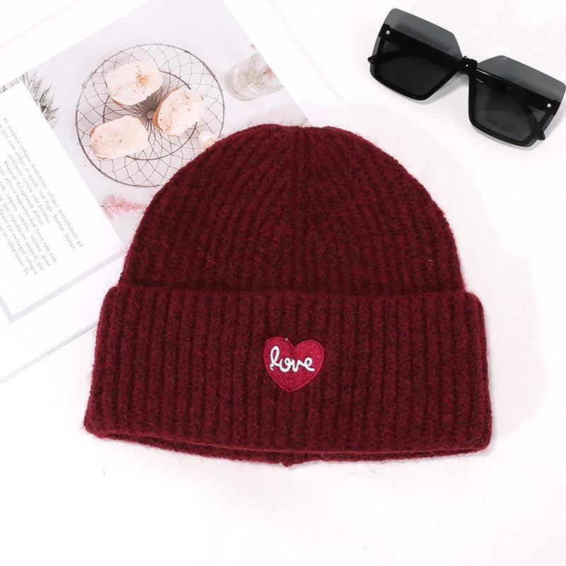 Women's Autumn and Winter New Face Showing Small Wool Hat Encore Red and White Warm and Simple Love Embroidery Knitted Hat