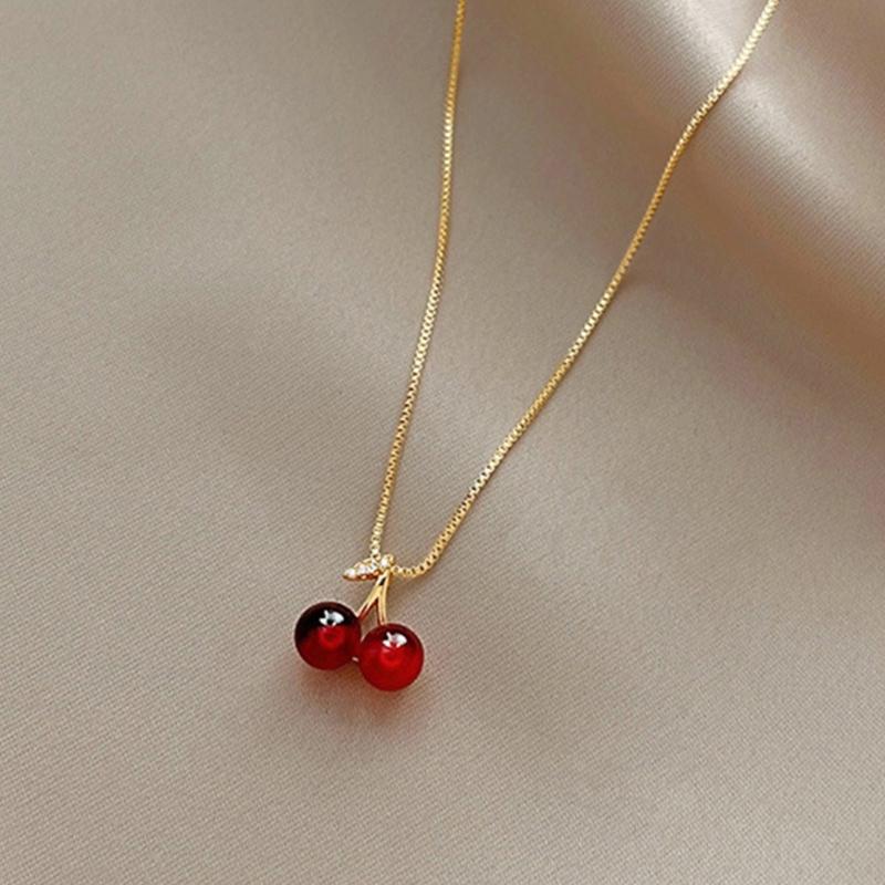 Fashionable Red Cherry Pendant Necklace with 40+5cm Adjustable Chain Lightweight Choker Jewelry Birthday Gift