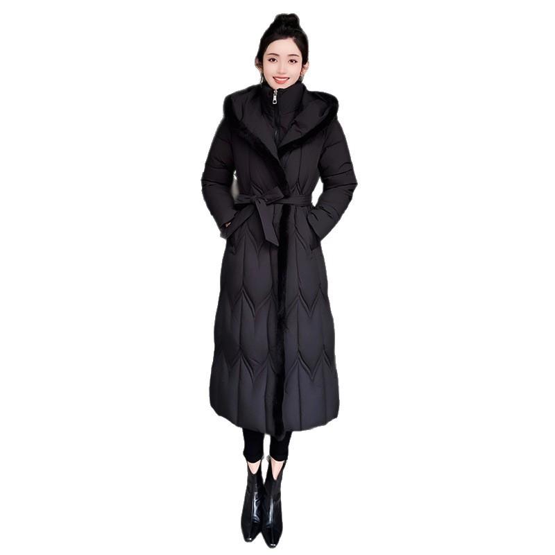 Corrugated cotton clothes women's knee-length fake two-piece hooded winter-proof clothes, top splicing temperament elegant slim-fitting large cotton-p