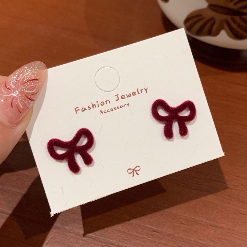 Cute Red Bow Flocking Earrings Simple Elegant Exquisite Sweet Festive Earrings Ear Studs Jewelry Accessories New Year Gifts