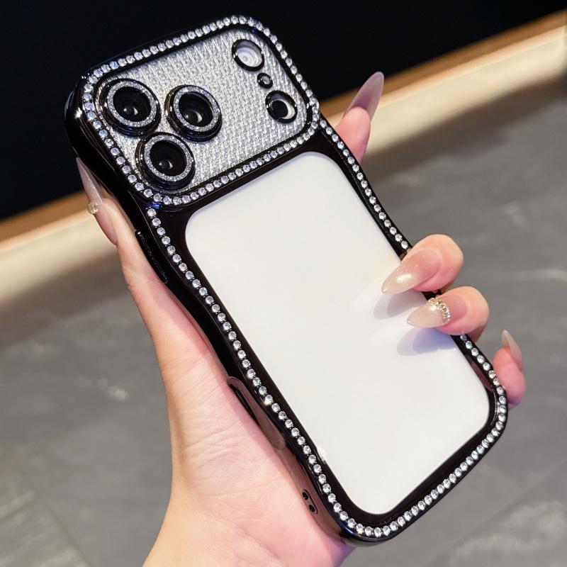 KEYSION Plating Transparent Wavy Rhinestone Phone Case for iPhone 13 14 15 16 17 Pro Max Air 16 Plus Lens Protector Shockproof Cover