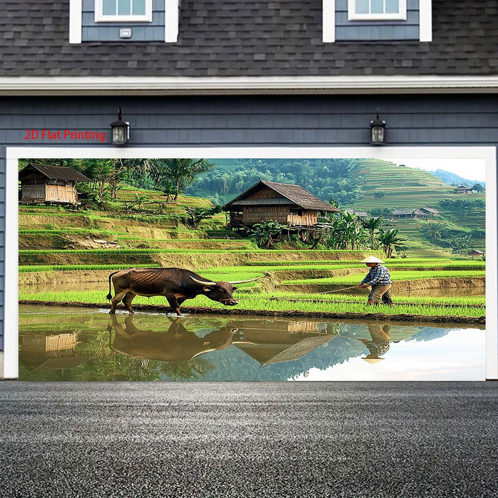2D plane, terrace with cattle and steed background decoration, suitable for all kinds of parties, polyester fiber
