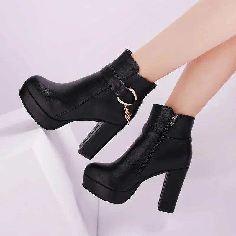 Fashion Fashion 2024 Women's High Heel Autumn Winter Chunky Heel Platform Shoes Side Zippers Ankle Boots Plus Size 33-43