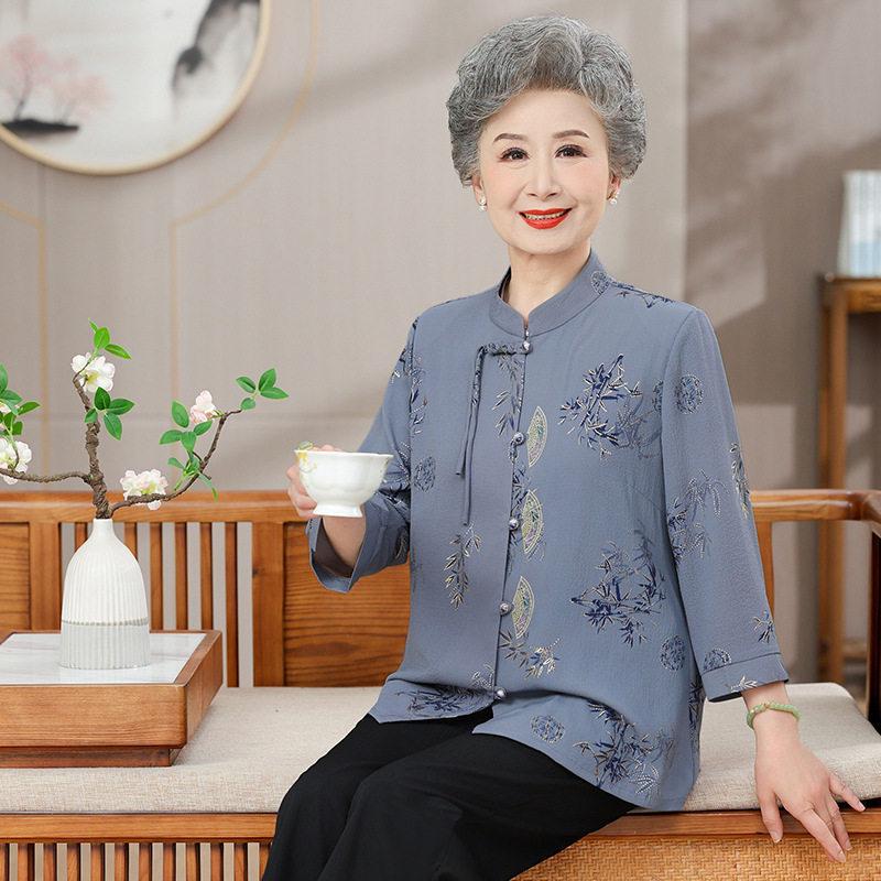 Mom's Spring & Autumn 2026 Chiffon Seven-Sleeve Shirt - New Chinese Style for Middle-Aged & Elderly Women