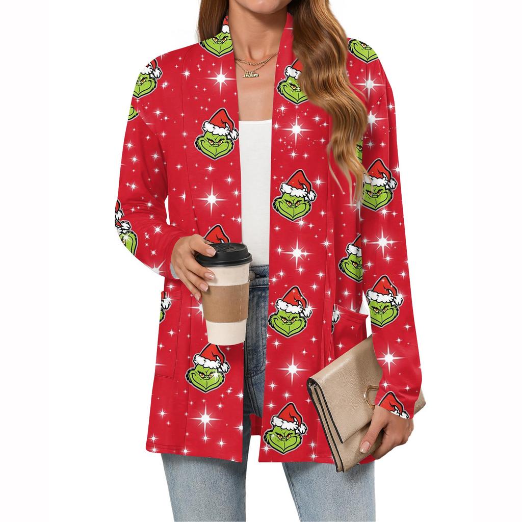 Women's Christmas Printed Lightweight Cardigan Long Sleeved Casual Loose Thin Fit With Pockets Cardigan Jacket