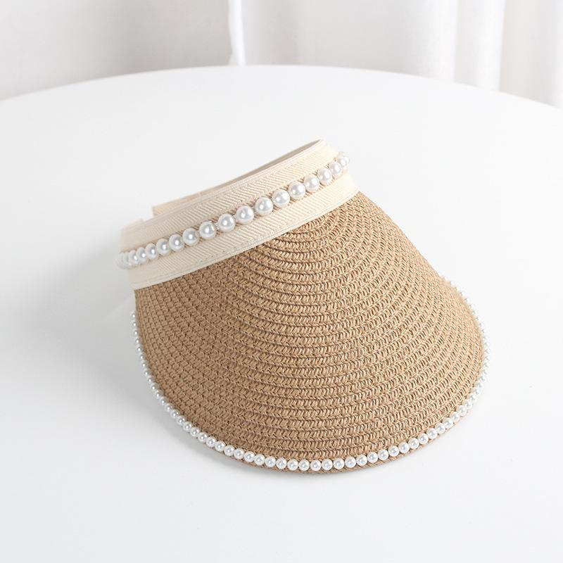 Summer Woman Straw Pearl Decor Sun Hats Antiuv Female Outdoor Hand Made Cap Casual Shade Hat Empty Top Hat Beach Vacation Visor