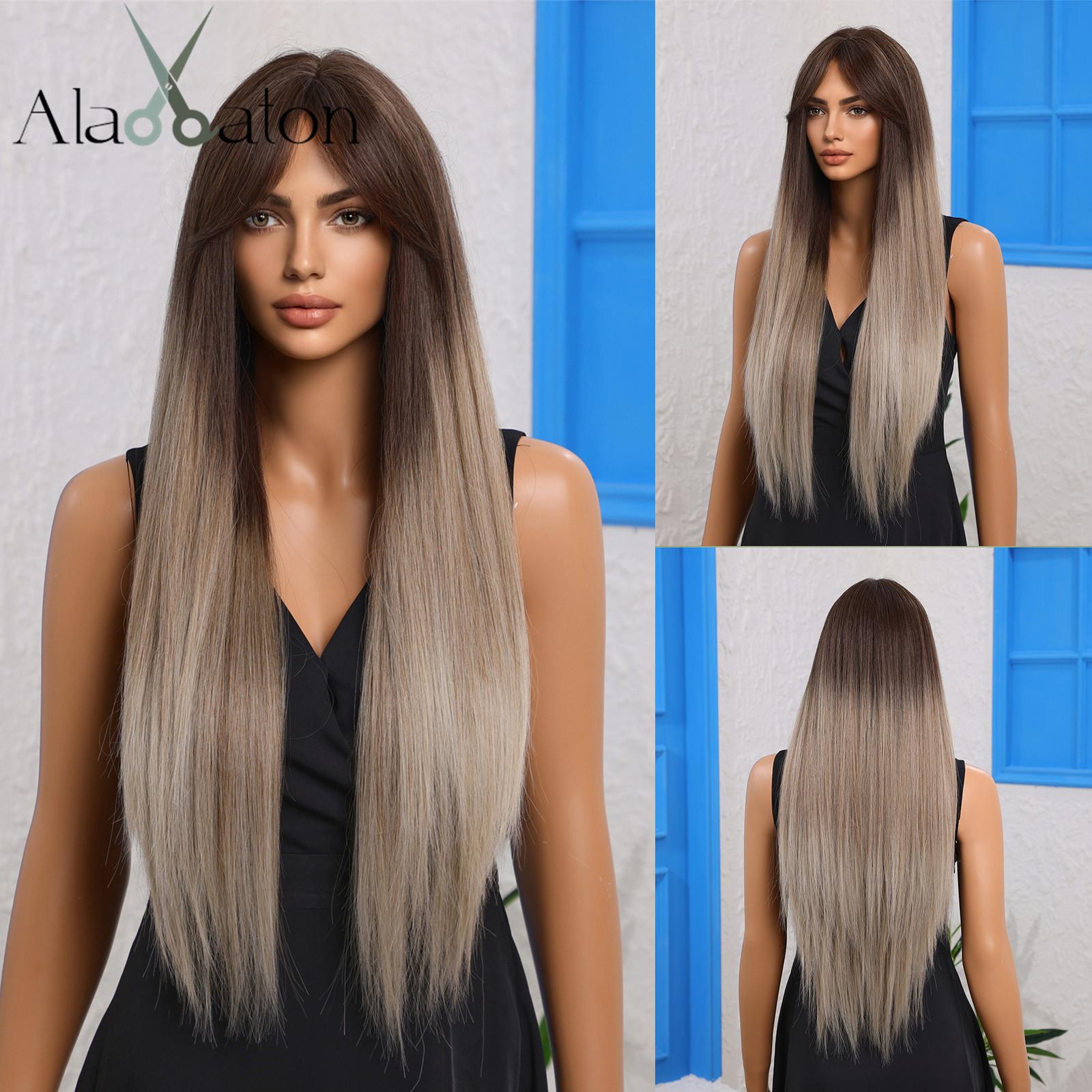 

ALAN EATON Длинные прямые парики Коричневый синтетический парик с челкой для женщин Повседневная вечеринка Косплей Термостойкие волокна Белые женщины