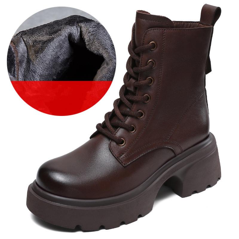 

Johnature Натуральная кожа Толстая подошва Короткие сапоги в британском стиле Универсальные женские туфли на платформе из коровьей кожи 38-Plush коричневый