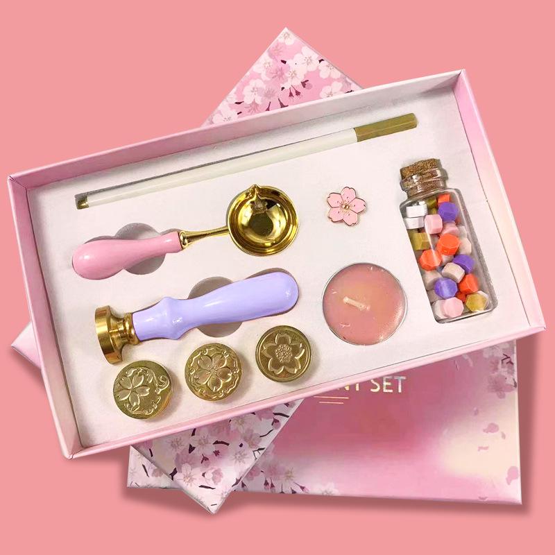 Cherry Blossom Wax Seal Stamp Gift Set: Copper Head, Mixed Color Wax, Spoon & 6-Piece Kit