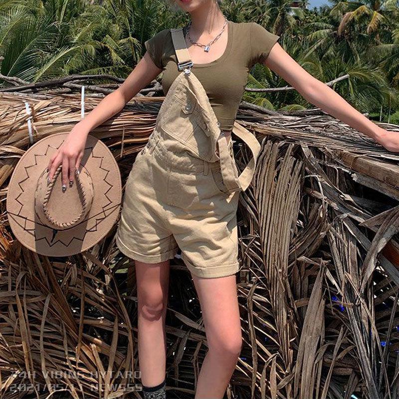 

Women s Khaki Denim Jumpsuit - Casual Wide Leg A-Line Overalls with Rolled Hem Medium хаки