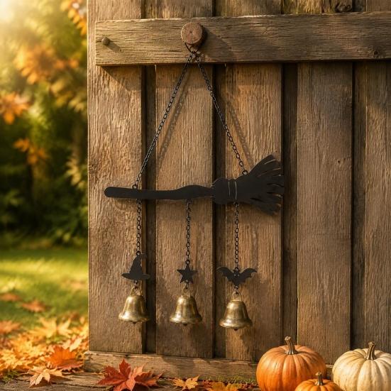 Garden Decor Wind Chime Halloween Witch Broom Chime, Holiday Party Decorative Hanging Bell Metal for Indoor Outdoor Patio Porch Bells