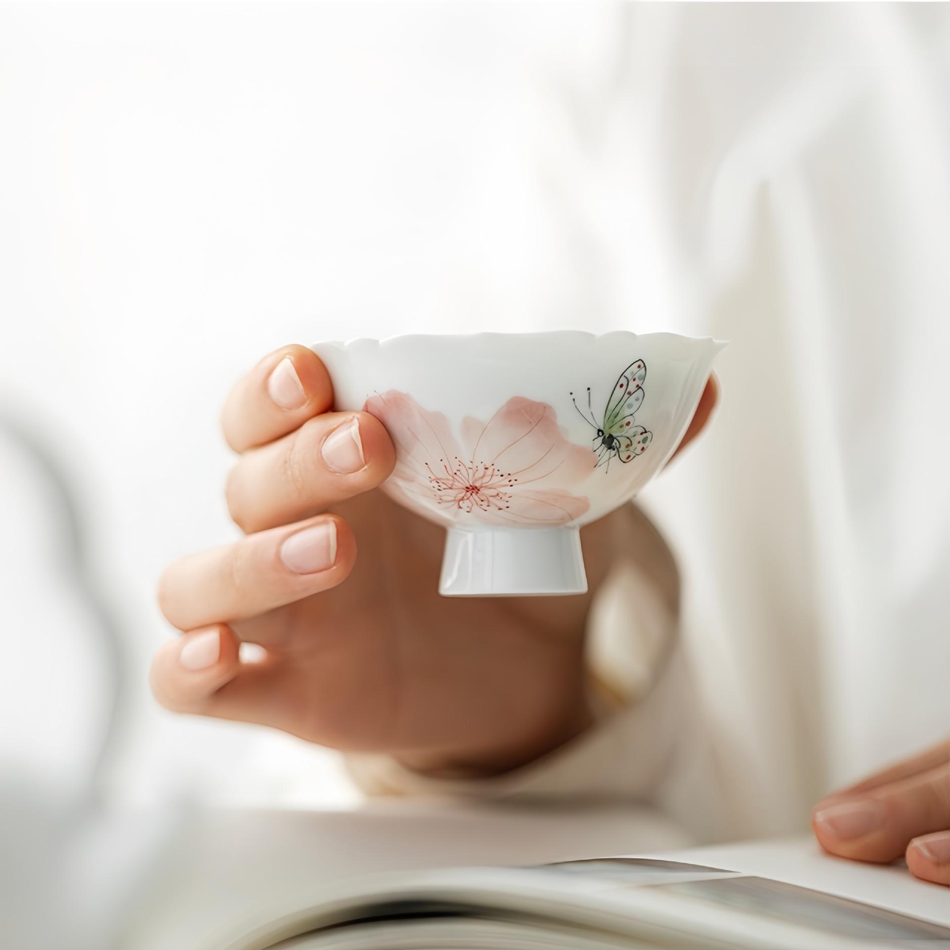 

White porcelain hand-painted teacup household large master cup retro high-footed tea cup ceramic flower mouth teacup 200ml