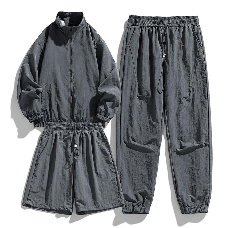 Men's Casual Ice Silk Tracksuit Jacket Shorts And Trousers 3pcs Suit Running Fitness Jacket Suit Male Sportswear Set