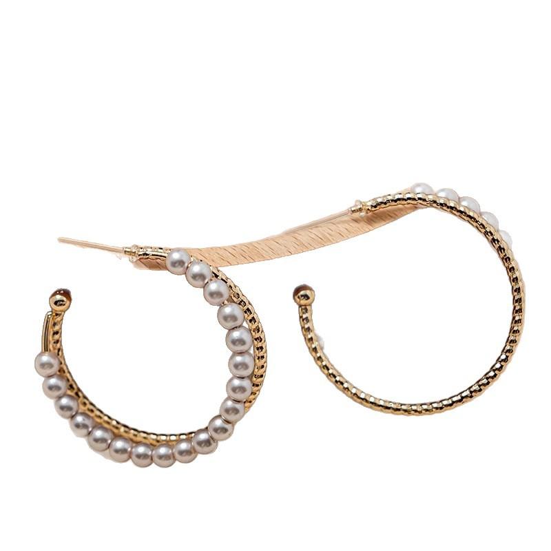 Women's Pearl Double Hoop Earrings, C-Shape Open Hoop Earrings, Minimalist Elegant Versatile Jewelry